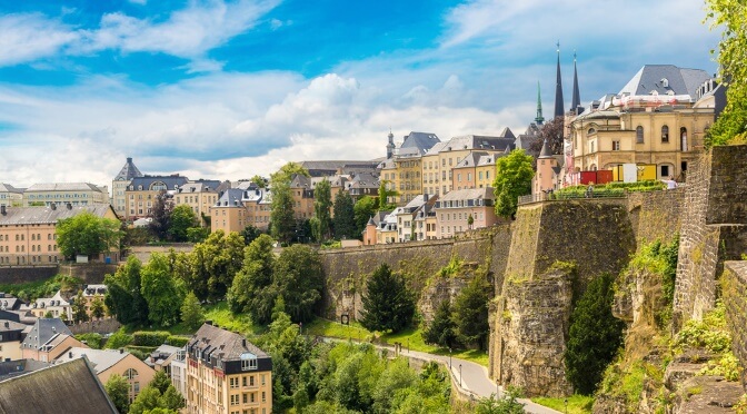 Luxembourg City, downtown city part Grund, scenic view with a bridge across the Alzette river